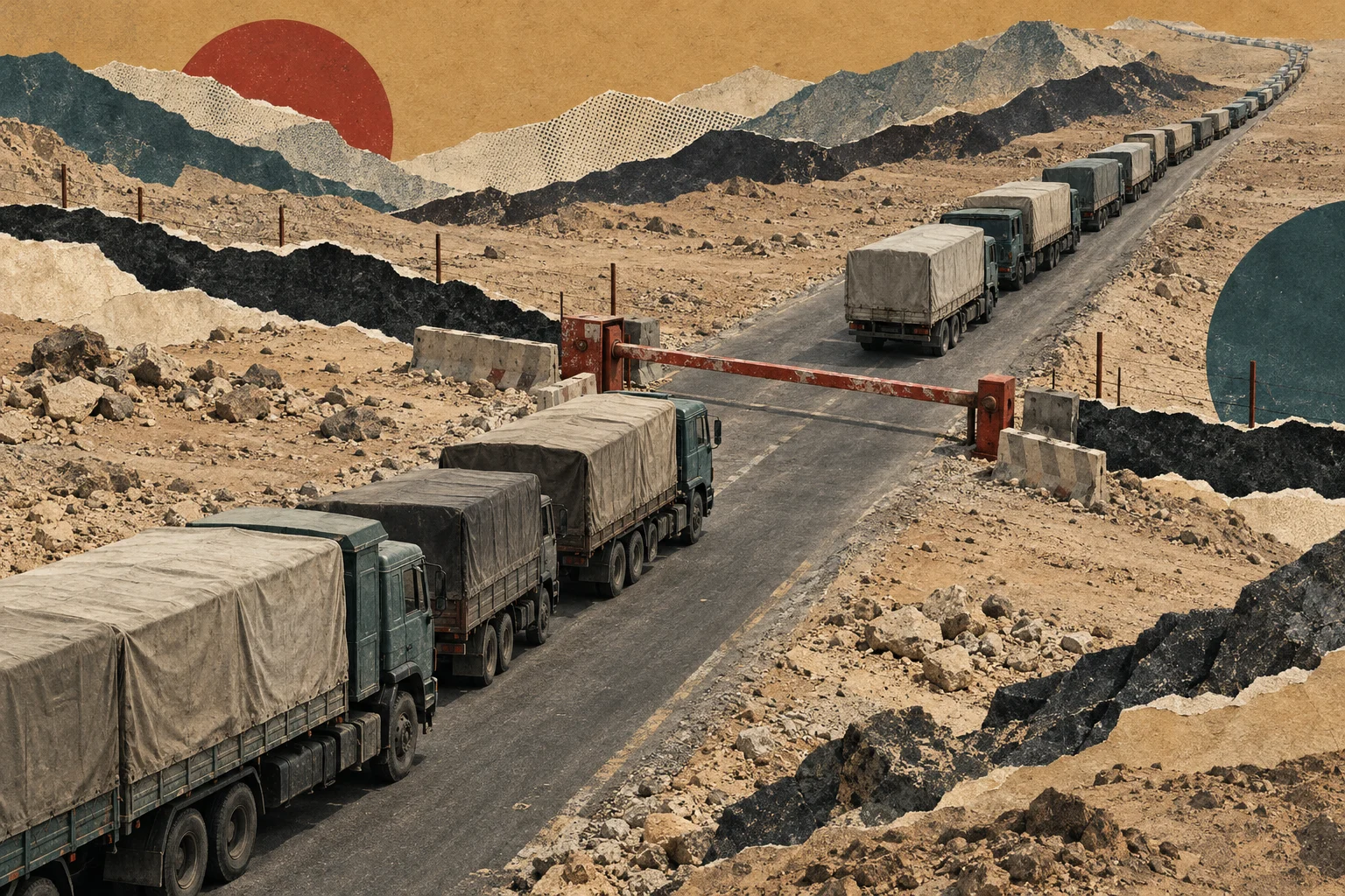 A long convoy of covered trucks waits at a closed barrier on a desert mountain road, depicted in a textured collage with a red sun.
