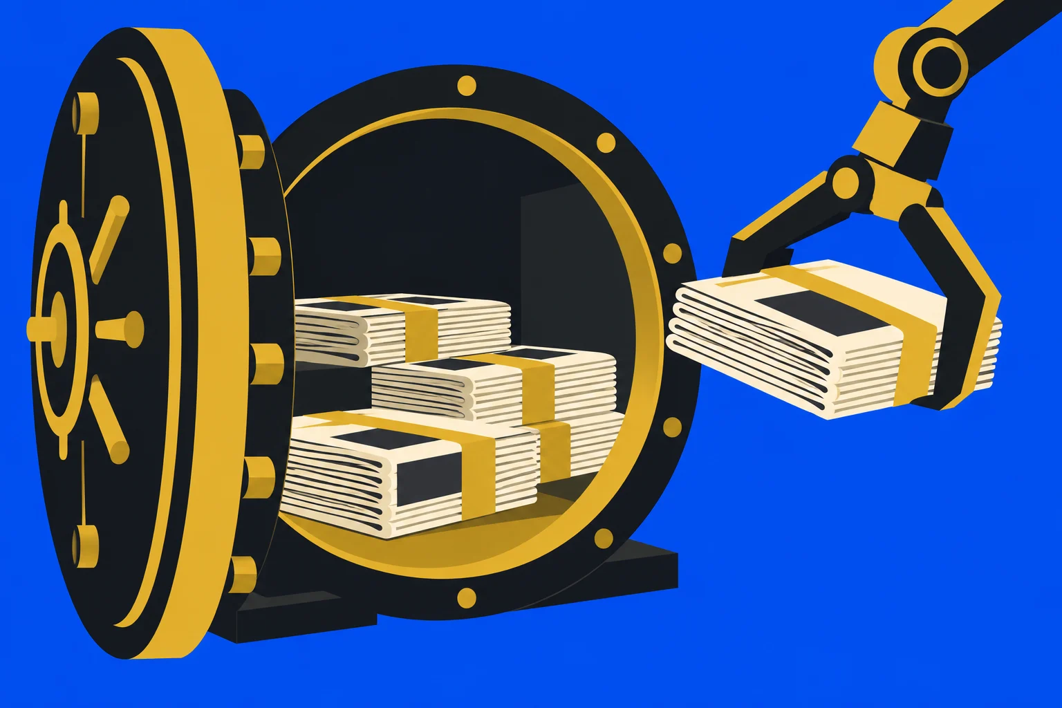 A black and gold open vault holds stacks of bundled banknotes while a robotic arm lifts one bundle against a bright blue background.
