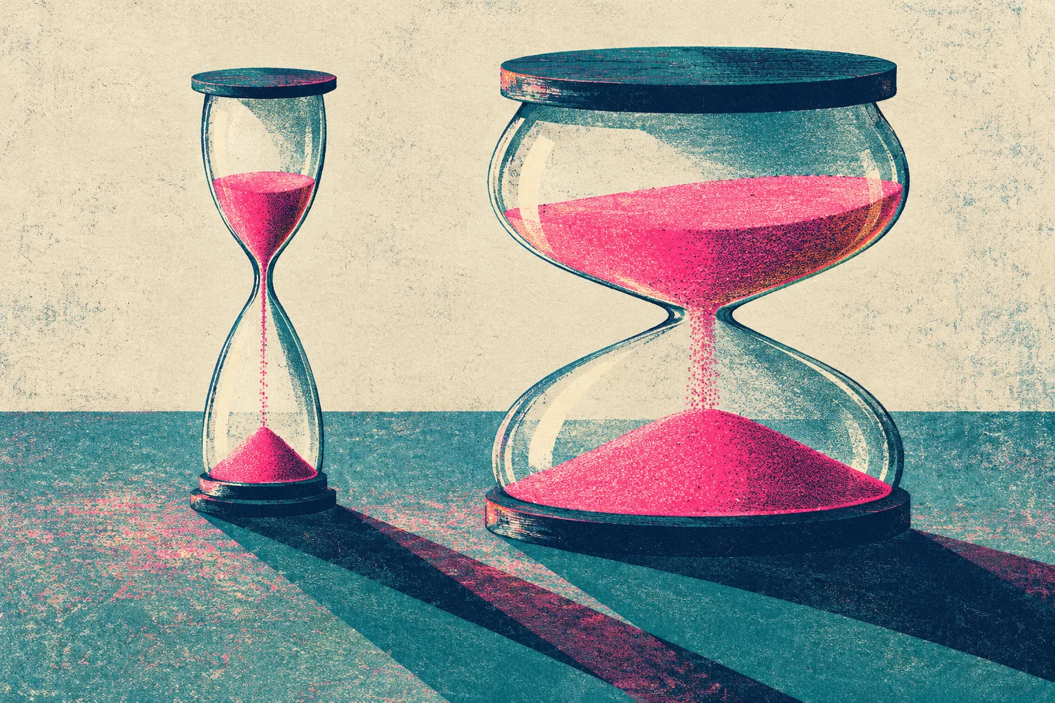 Two glass hourglasses, one tall and narrow and one large and wide, contain bright pink sand and cast long shadows across a teal surface.