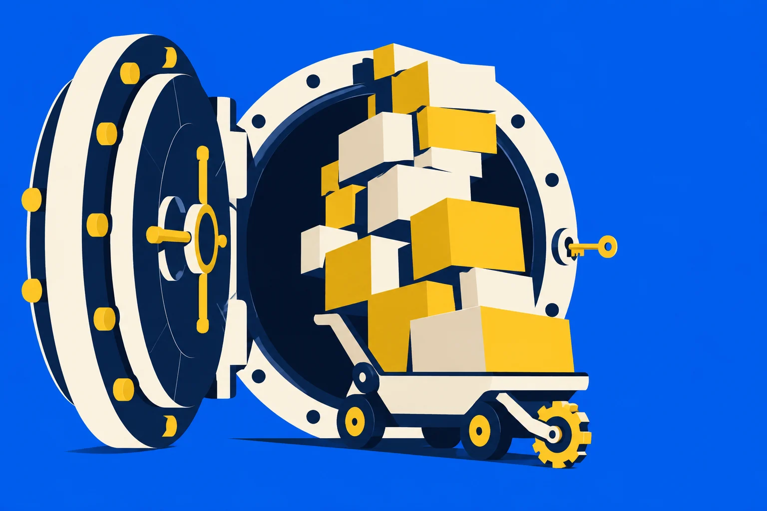 An open bank vault holds stacked gold and cream blocks, with a loaded wheeled cart and a key against a bright blue background.
