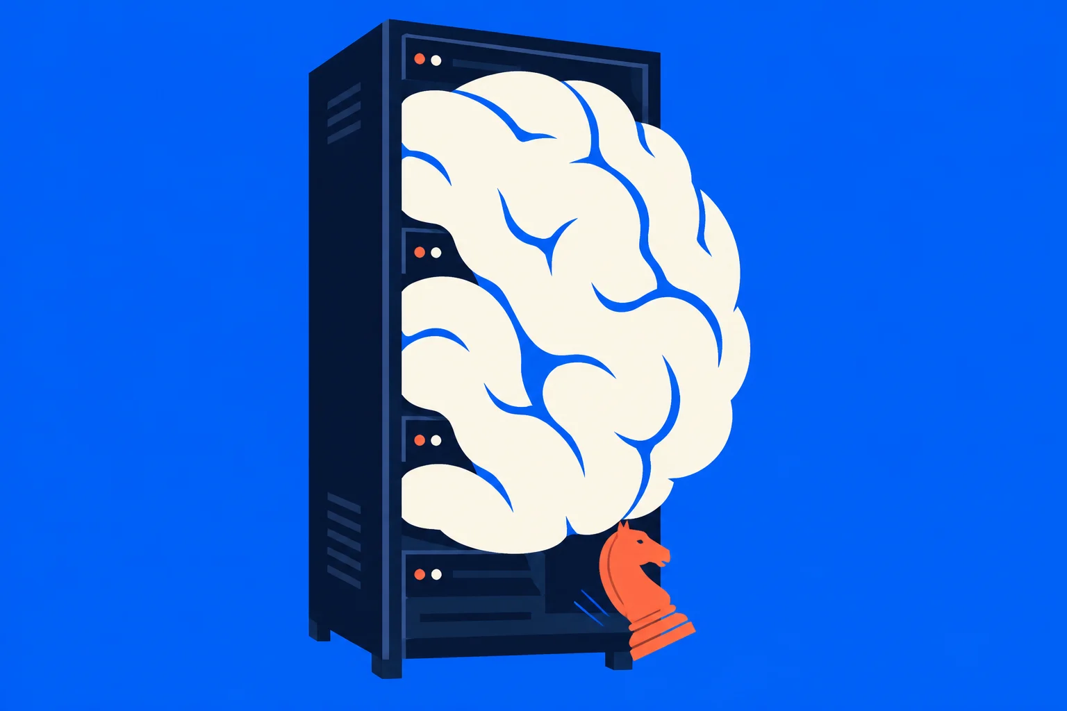 A dark server cabinet emits a large cream-colored cloud shaped like a brain, with an orange chess knight in front against a bright blue background.