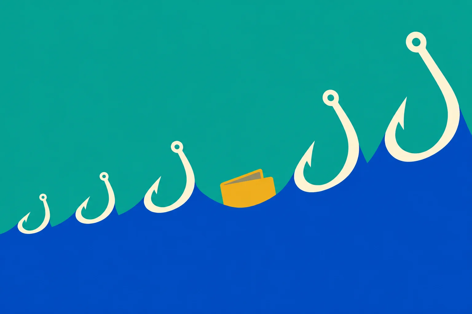 Five cream fishing hooks of increasing size rise along blue waves against a teal background, with a yellow wallet floating between them.
