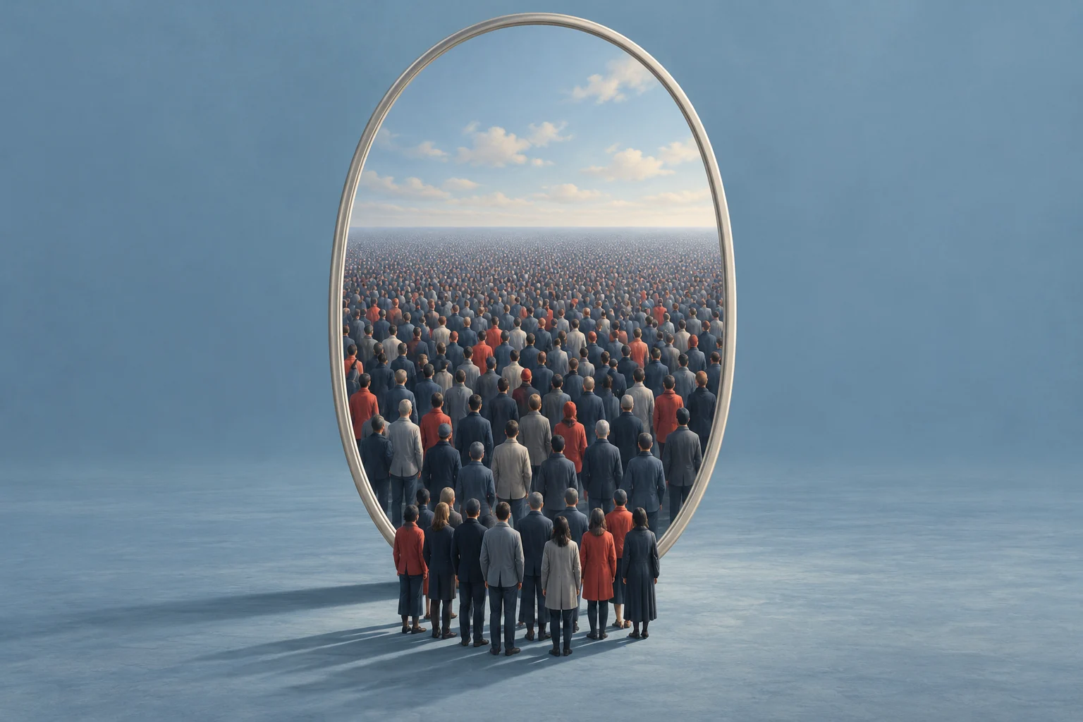 A small group of people faces a giant oval mirror reflecting an immense crowd stretching toward the horizon beneath a blue sky.