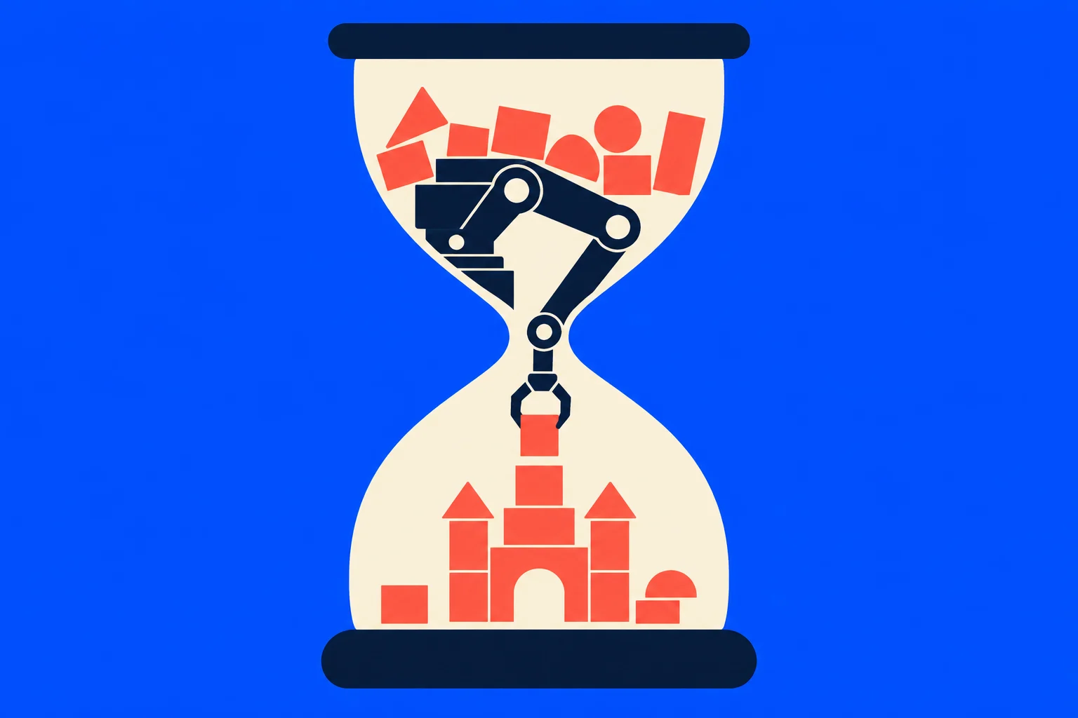 A robotic arm inside an hourglass moves red geometric blocks from the upper chamber to build a castle in the lower chamber against a blue background.