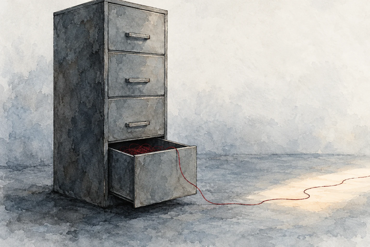 A watercolor depicts a gray filing cabinet with its bottom drawer open, spilling a red thread that trails across the floor toward a patch of sunlight.