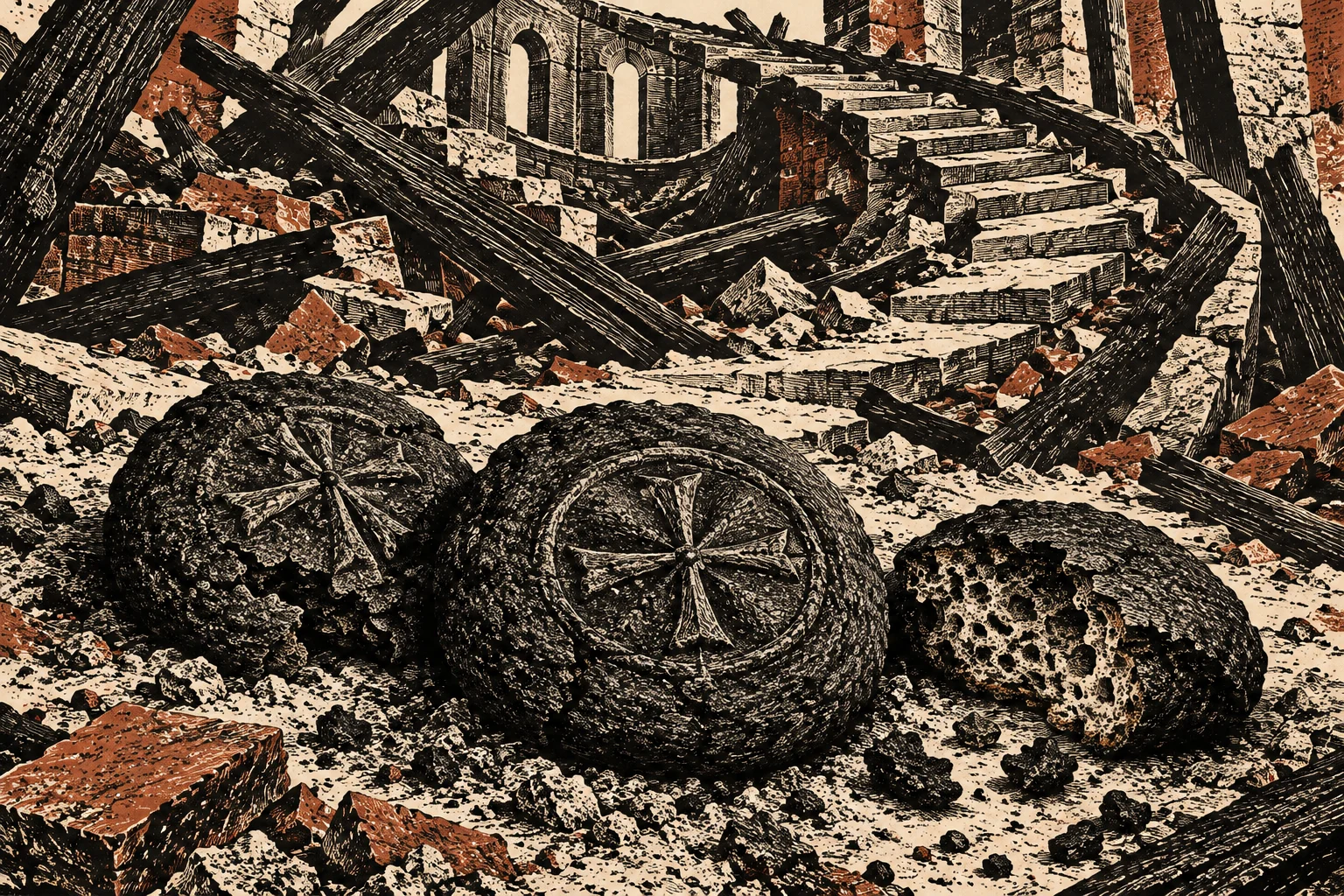 Three charred loaves, two bearing cross-shaped impressions, lie amid rubble and fallen beams beneath a ruined stone staircase.