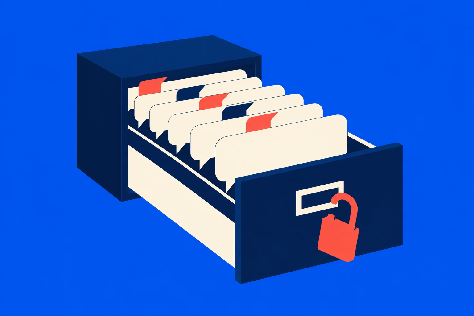 An open dark blue filing cabinet drawer holds cream folders with red and blue tabs, with an unlocked red padlock hanging on the front.