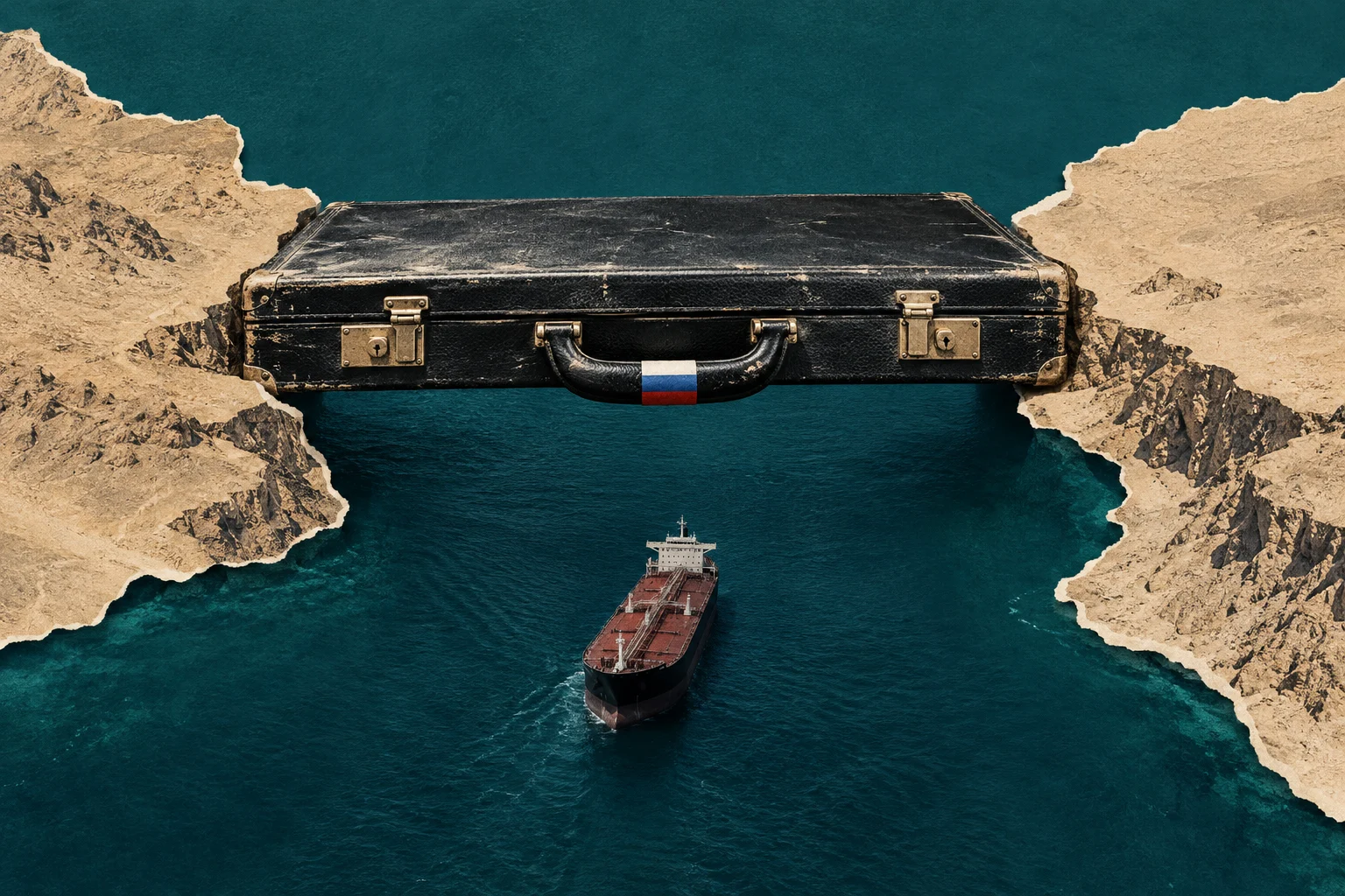 A battered black suitcase with a Russian flag on its handle bridges two rocky coastlines above a narrow sea passage where an oil tanker sails.
