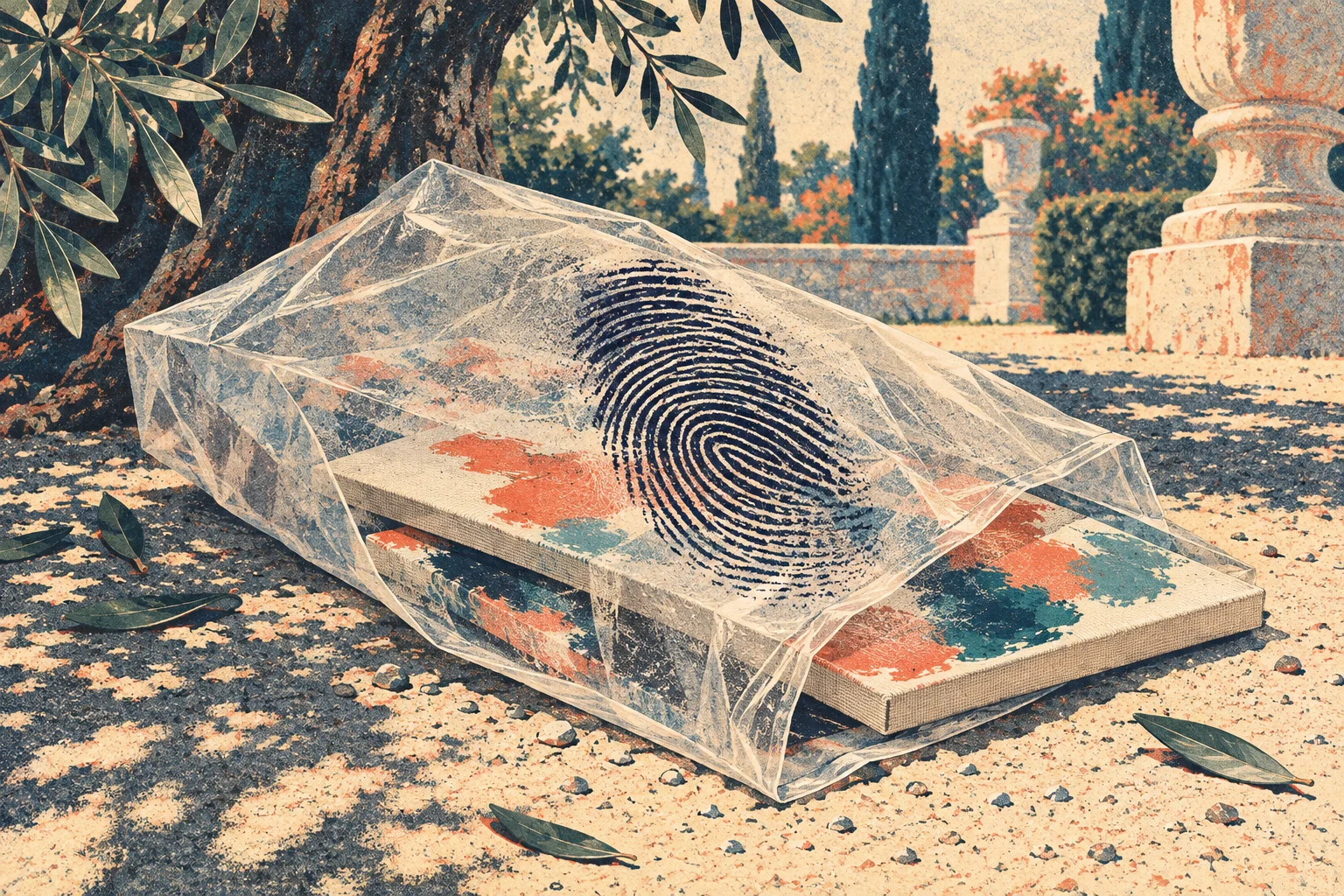 A transparent plastic sheet bearing a large fingerprint covers paint-splattered canvases beneath an olive tree in a sunlit garden with stone columns.
