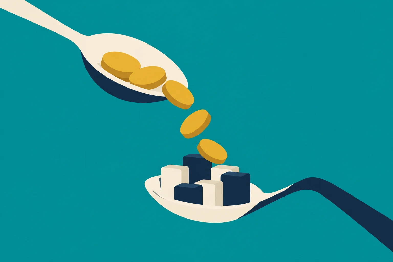 Gold coins fall from an upper cream spoon toward navy and cream blocks in a lower spoon against a teal background.