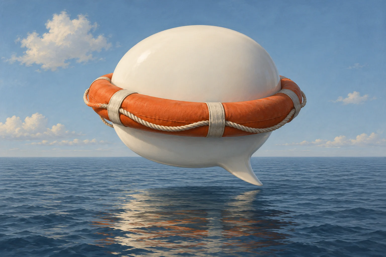 A large white speech bubble encircled by an orange lifebuoy floats above a calm ocean beneath a blue sky with scattered clouds.