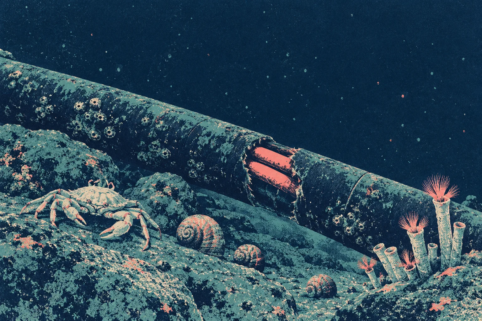 A crab, spiral shells, and tube worms rest among seabed rocks beside a damaged underwater cable with exposed orange strands.