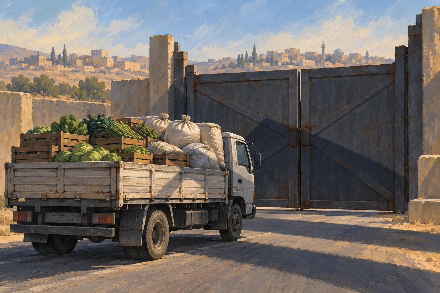 A truck loaded with vegetables and sacks waits before a large closed metal gate, with sunlit stone buildings and distant hills beyond.