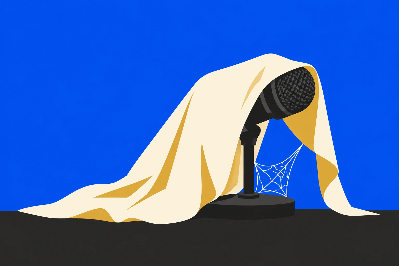 A black microphone on a stand is draped with a cream cloth, with a cobweb beside it, against a bright blue background.
