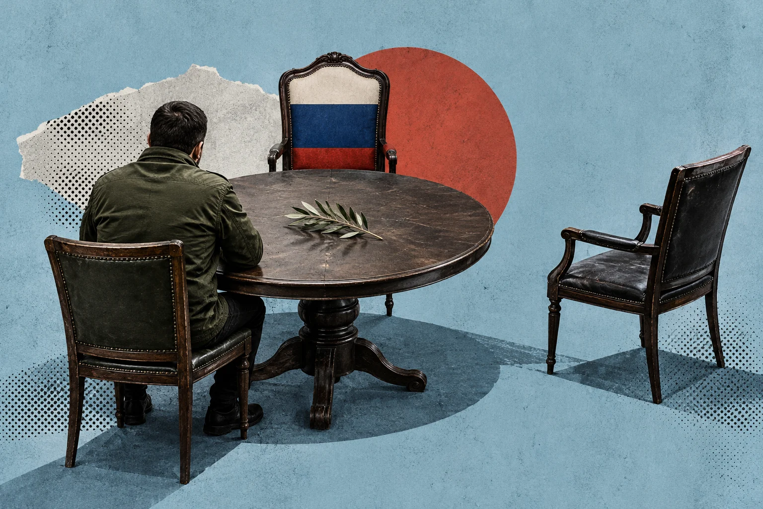 A man sits at a round table with an olive branch, facing an empty Russian flag upholstered chair, with another empty chair to the right.