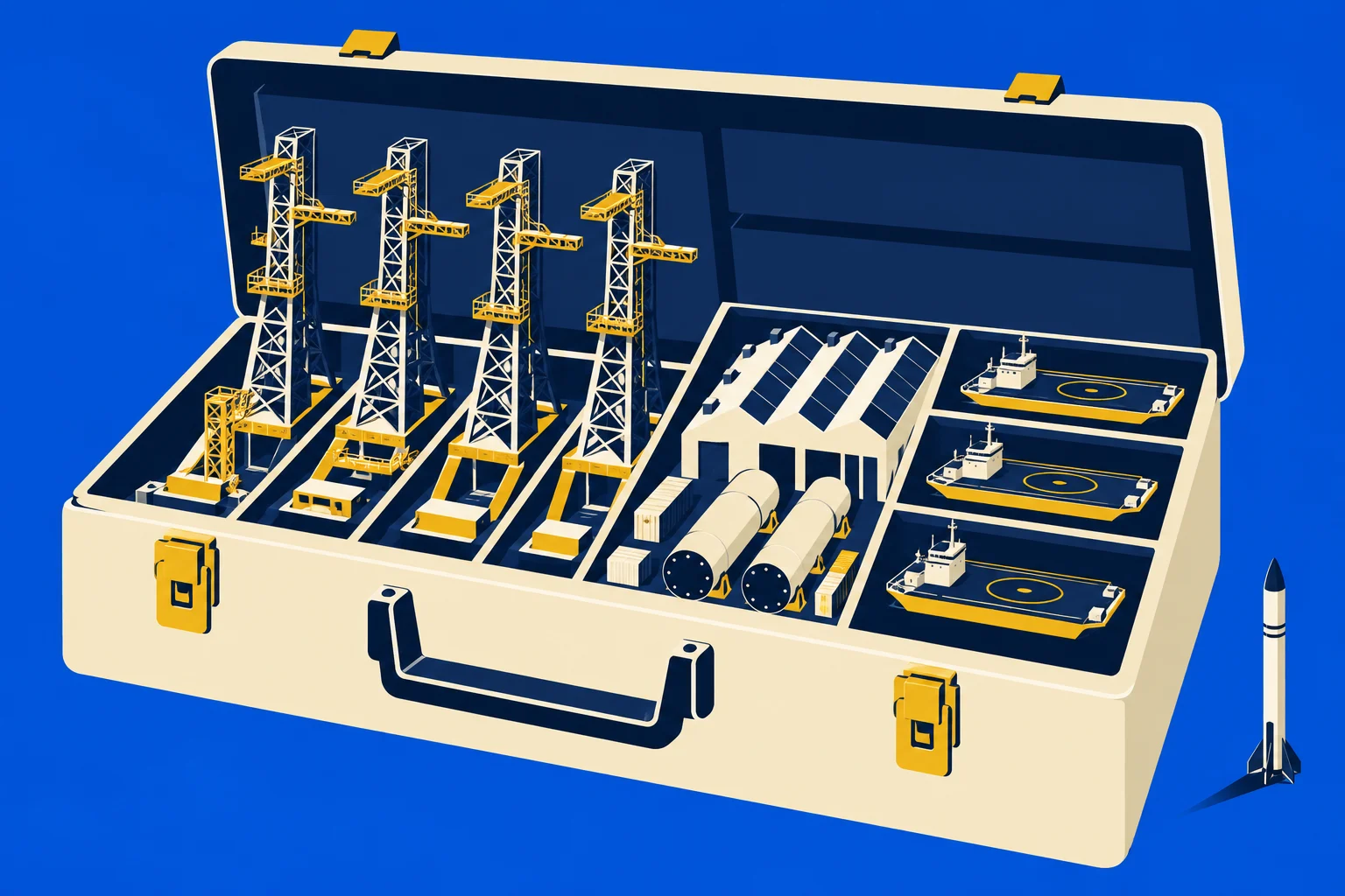An open cream suitcase holds miniature launch towers, a hangar, rocket sections, and three ships, with a small rocket standing beside it against a blue background.