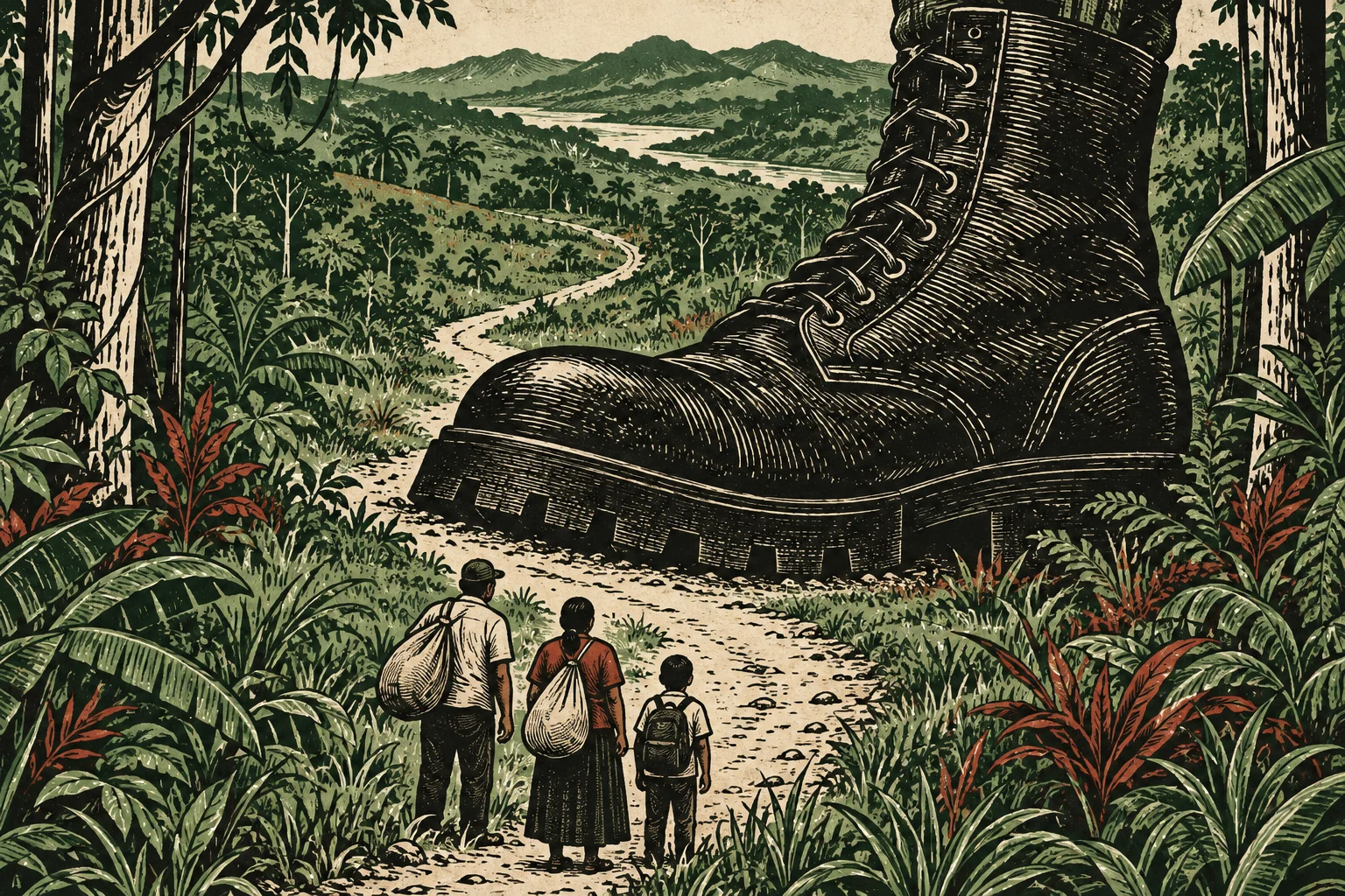 Three travelers stand on a winding jungle path blocked by an enormous black lace-up boot, with lush plants, mountains, and a river beyond.