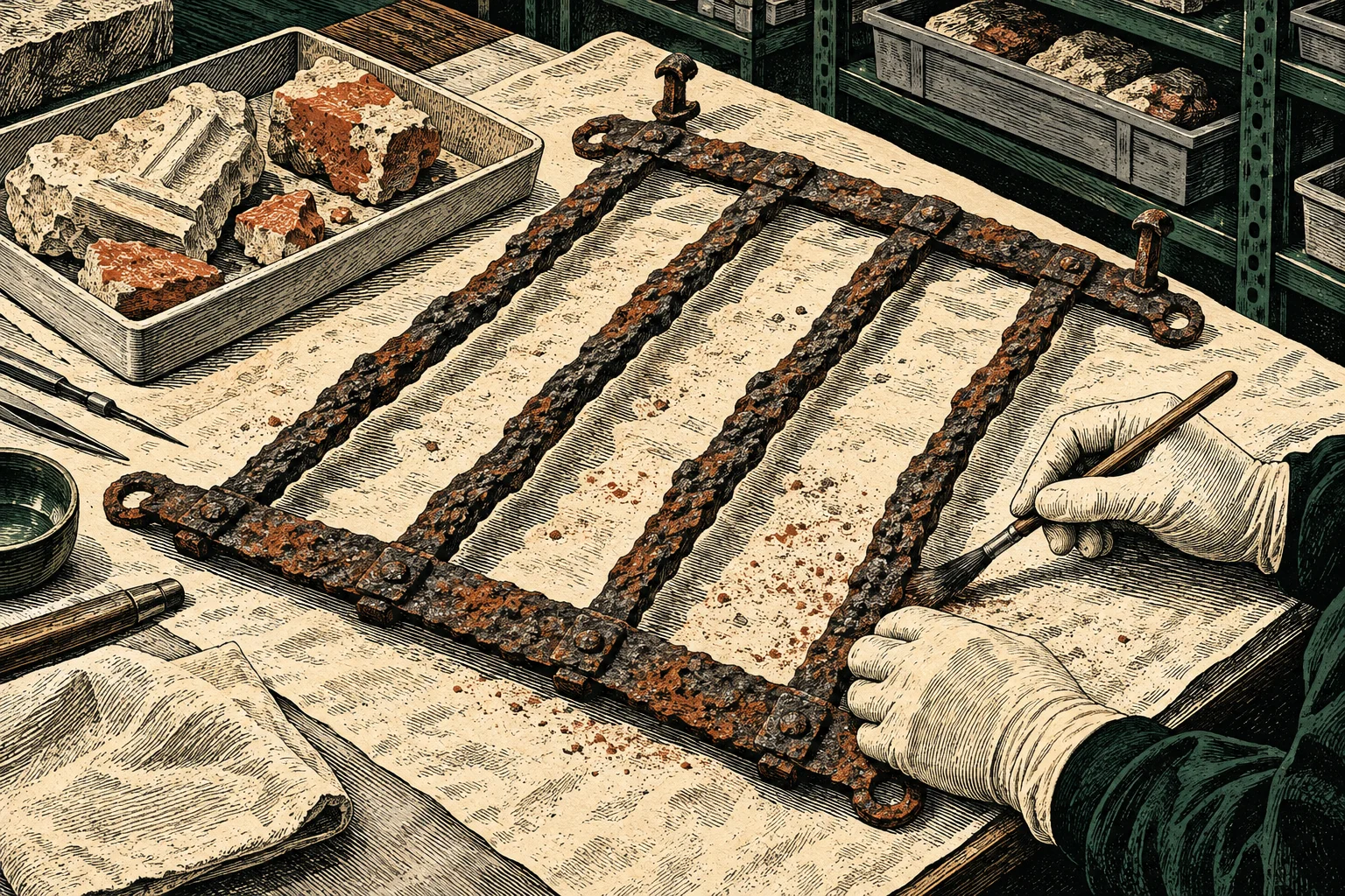 Gloved hands brush rust from an old iron grille on a workbench surrounded by tools, cloths, and trays of stone fragments.