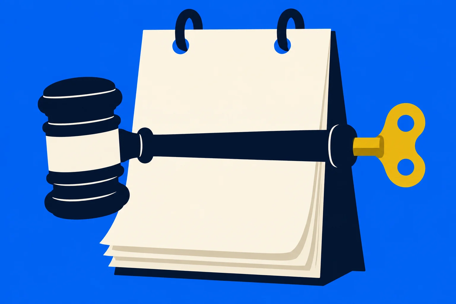 A dark blue judge’s gavel with a yellow wind-up key crosses a blank cream desk calendar against a bright blue background.