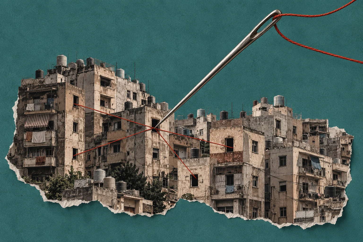 A giant needle threaded with red string connects windows across weathered apartment buildings in a torn-paper collage against a teal background.