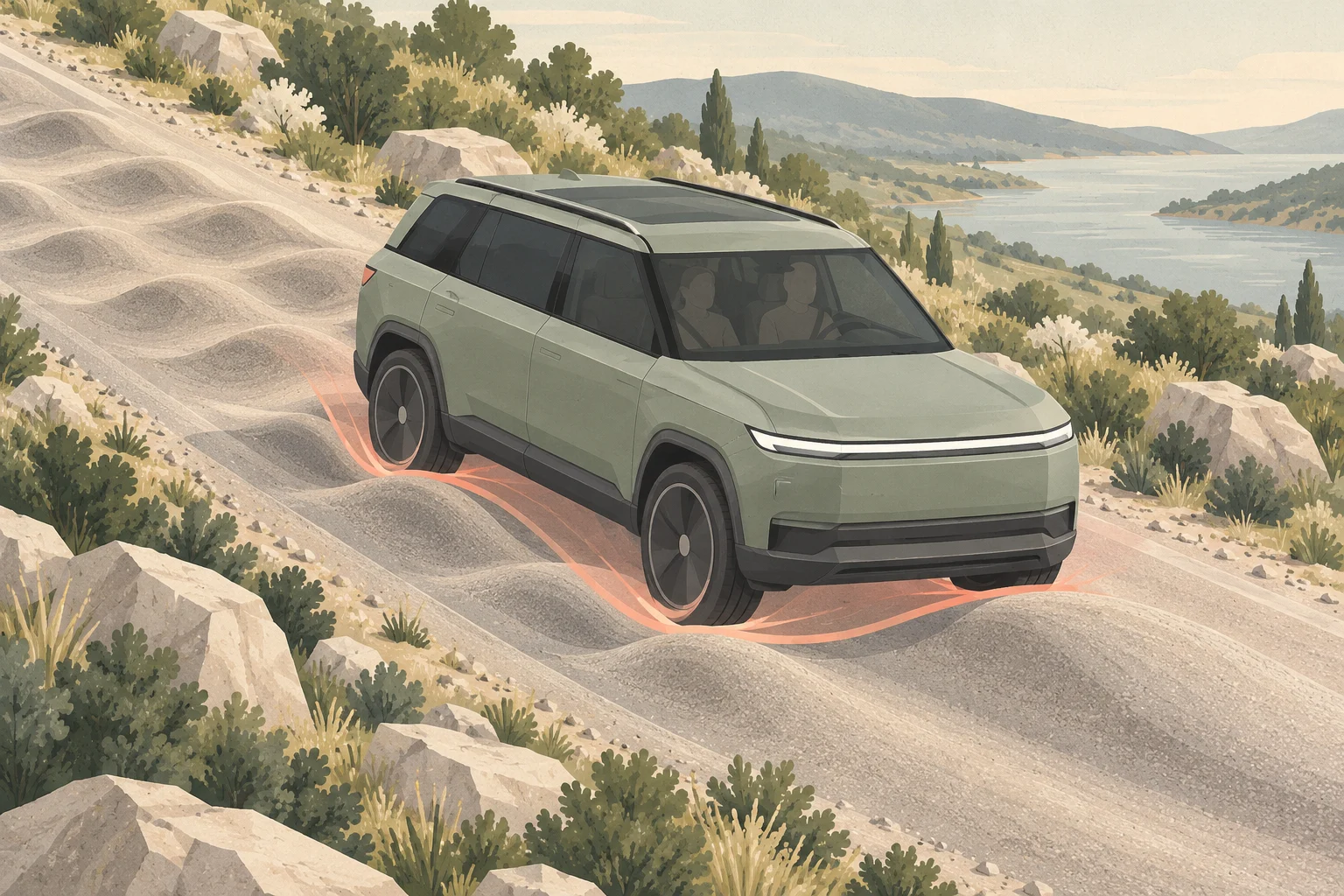 A green SUV travels over a bumpy dirt road beside rocky shrubs, with orange lines beneath its wheels and a lake and mountains beyond.