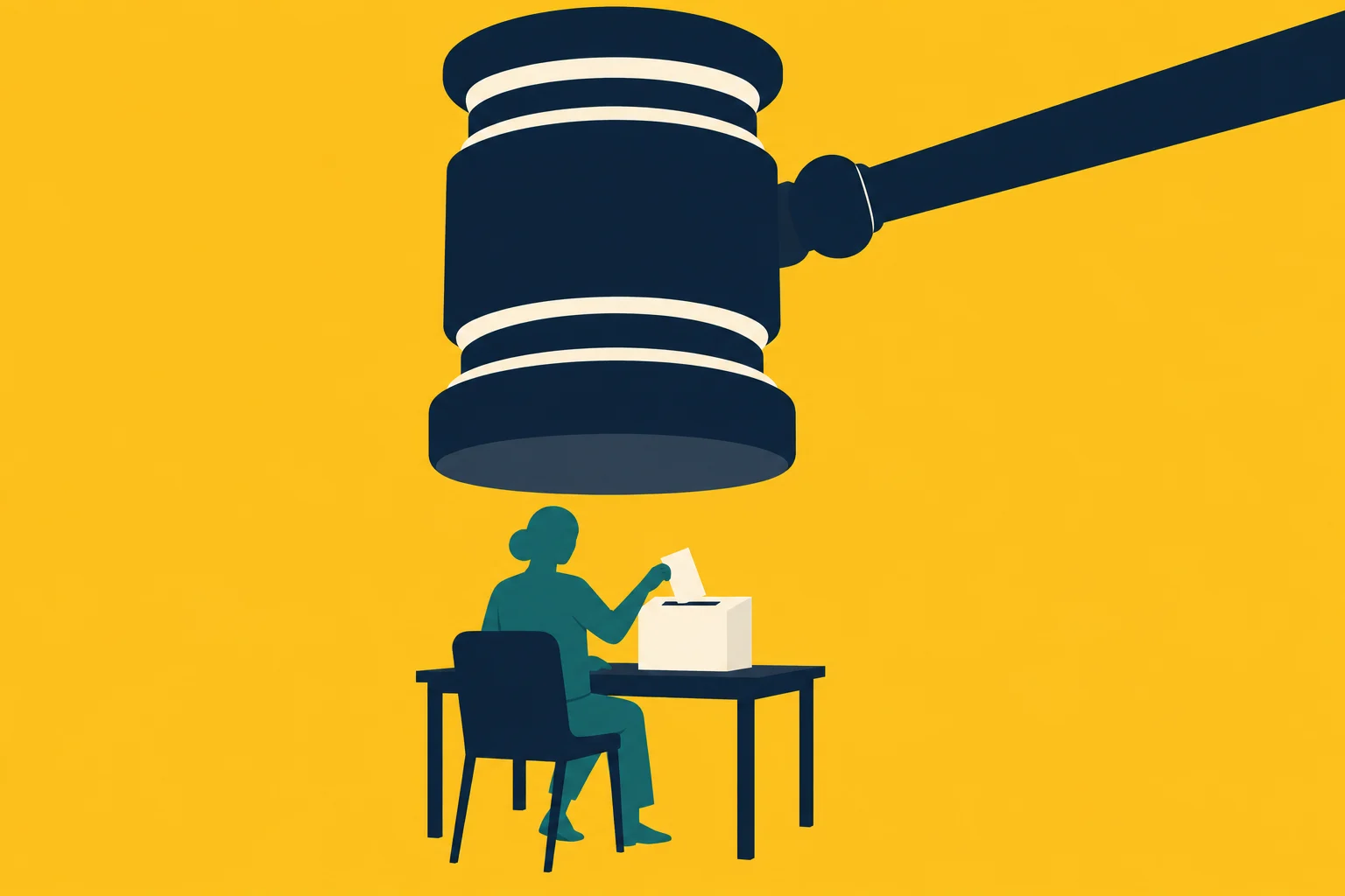 A giant judge’s gavel looms over a seated person placing a ballot into a box on a table against a yellow background.