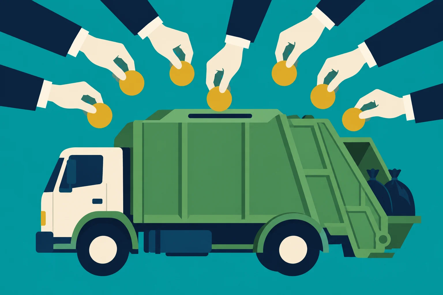 Hands holding gold coins surround a green garbage truck carrying trash bags against a teal background.