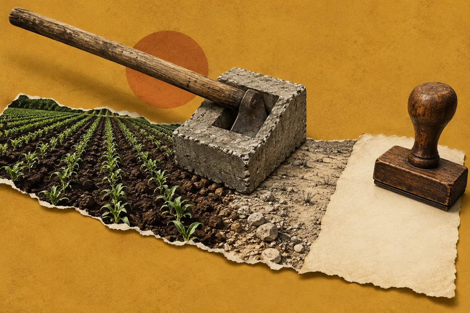 A wooden-handled hoe rests in a rough stone block above torn-paper farmland transitioning from green crops to dry soil, beside a wooden stamp on blank parchment.