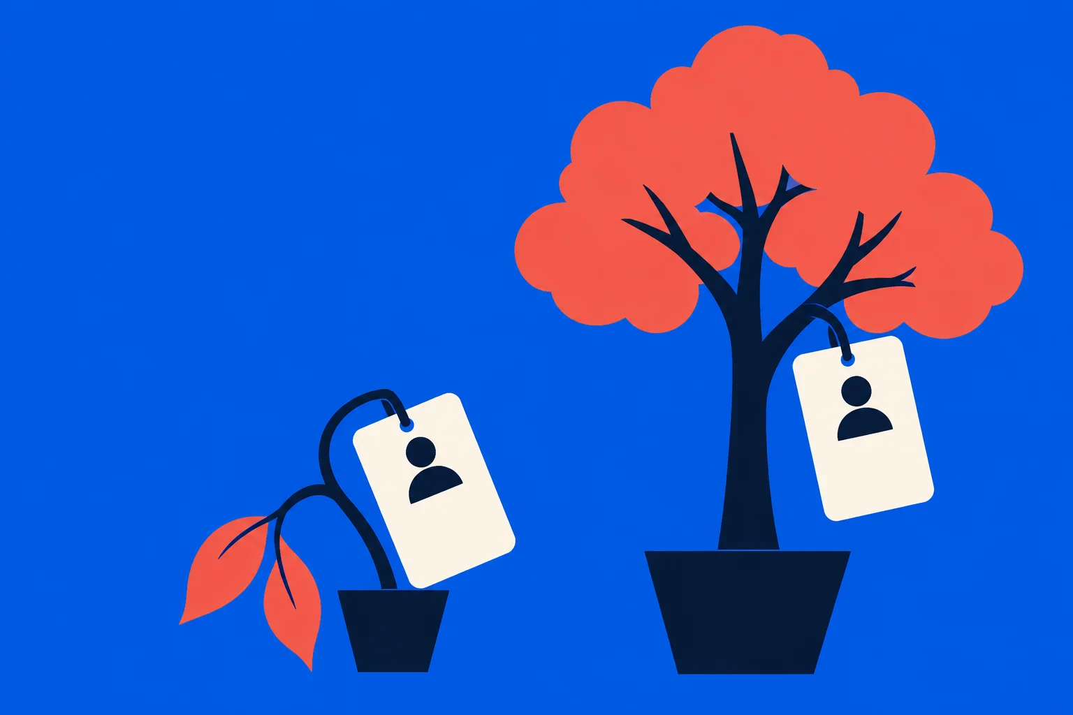 A small wilted plant and a large flourishing tree sit in dark pots against a blue background, each bearing a cream tag with a person icon.