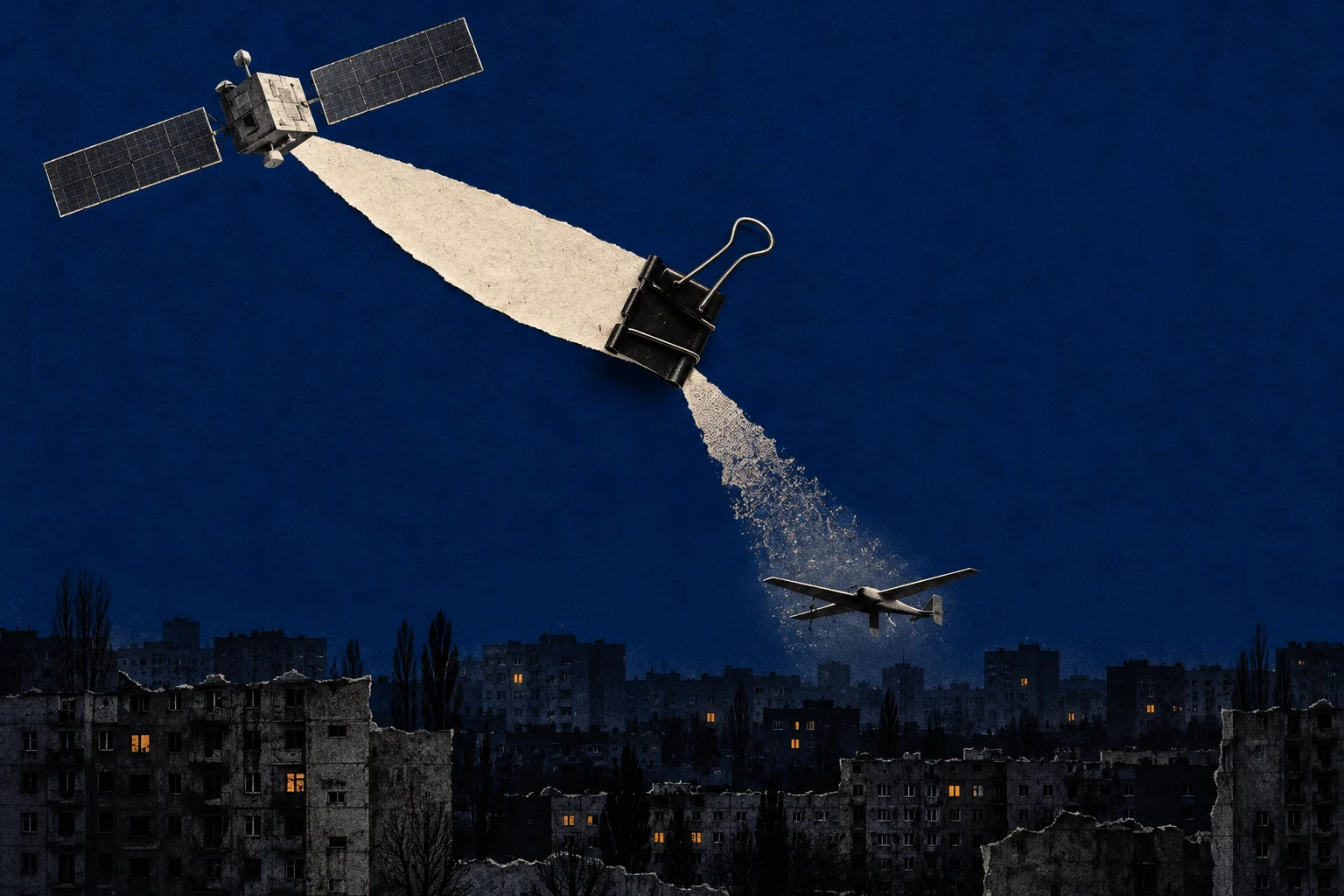 A satellite casts a paper-like beam through a binder clip toward a drone flying above a dark, war-damaged city.