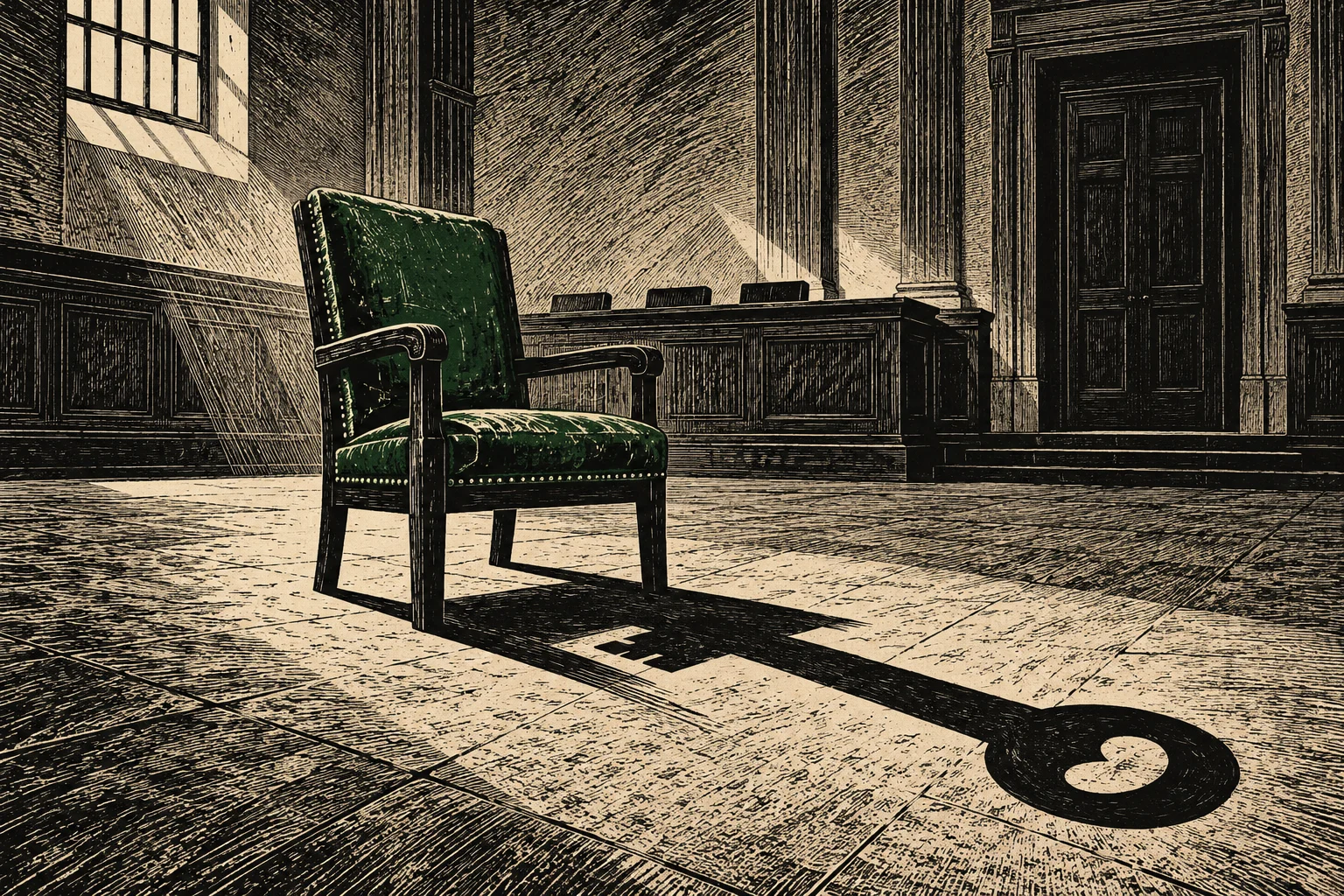 A green armchair in a sunlit, empty courtroom casts a long, key-shaped shadow across the floor in a vintage engraving style.