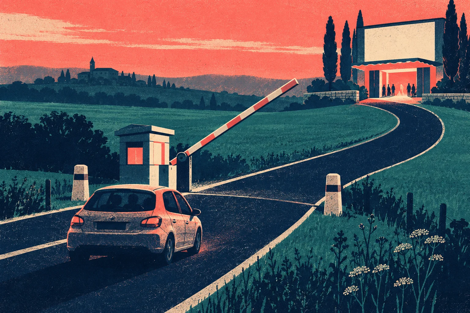 A car approaches a raised barrier on a winding rural road leading to an illuminated outdoor cinema entrance beneath a coral evening sky.