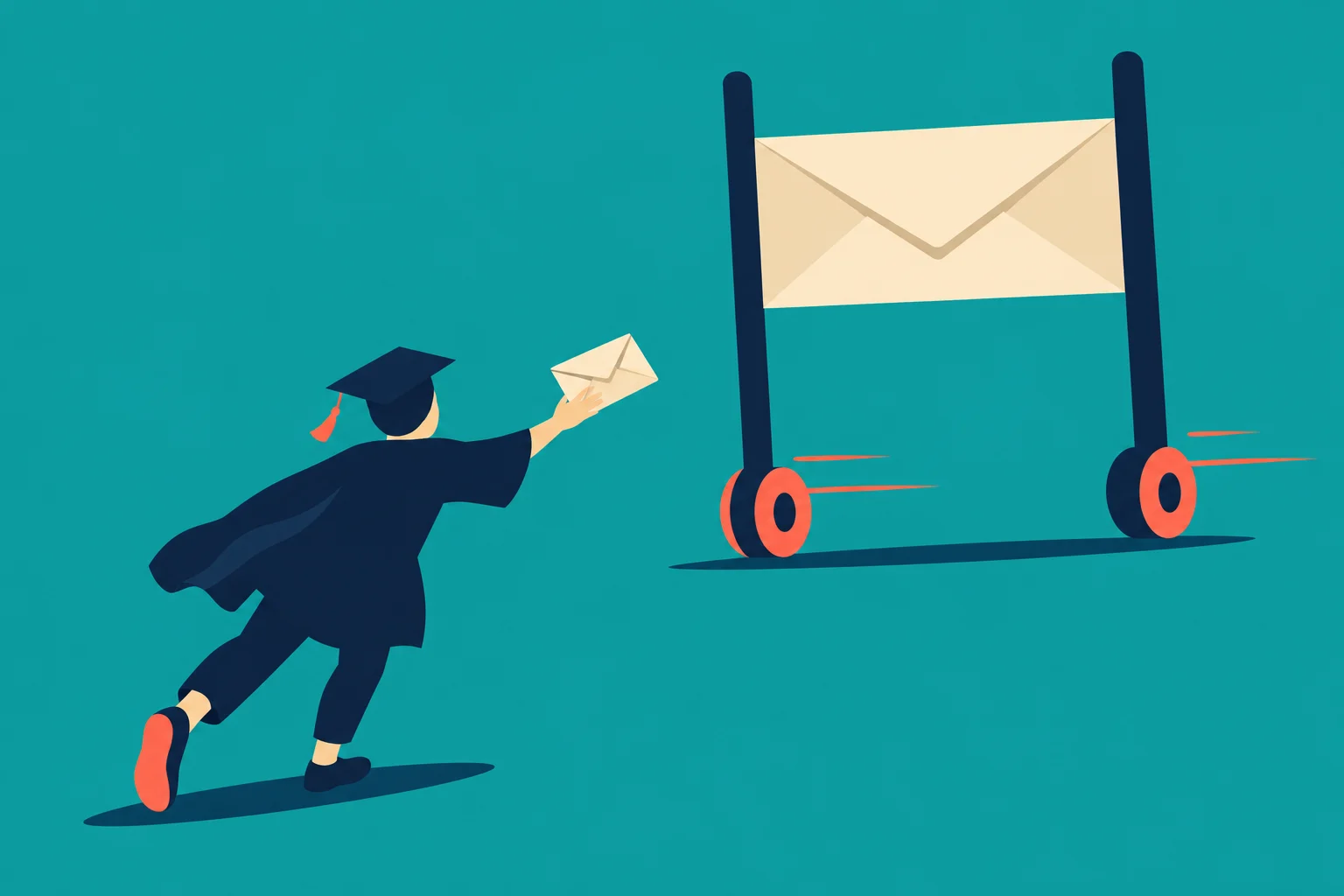 A graduate in a cap and gown runs with an envelope toward a giant envelope mounted between two wheeled posts against a teal background.
