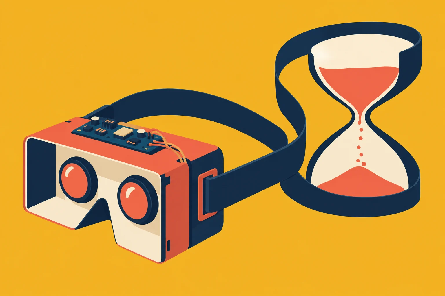 A stylized orange virtual reality headset with exposed circuitry has a dark blue strap that loops around an hourglass filled with orange sand against a yellow background.