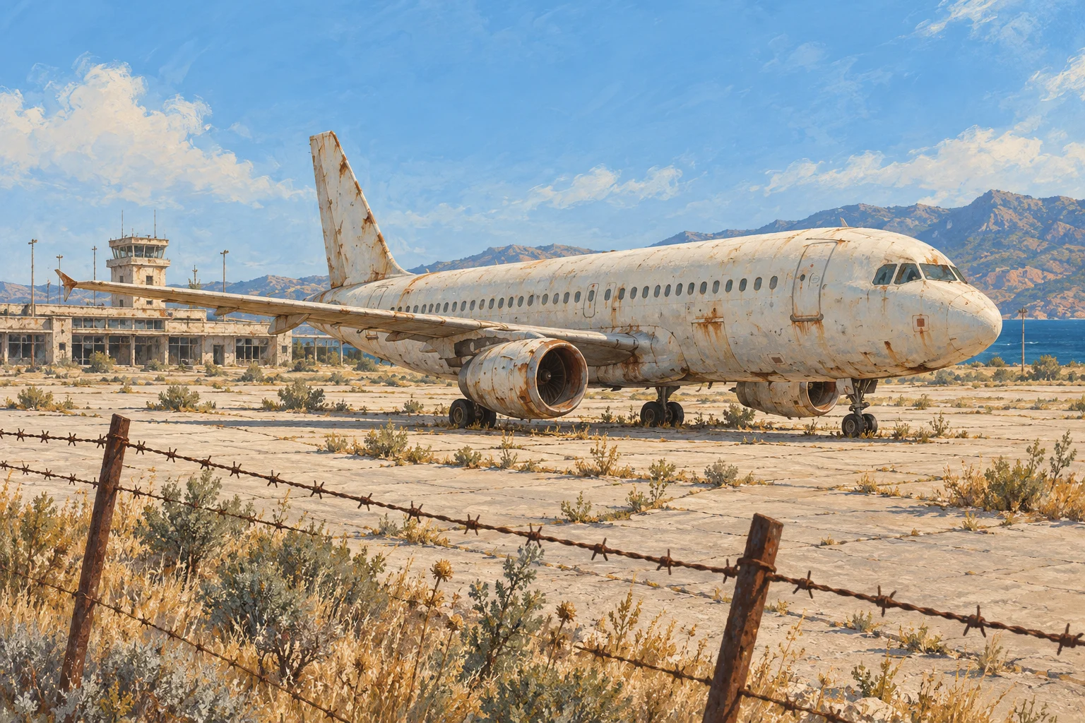 A rusting passenger airplane sits on a cracked, weed-covered airport apron behind barbed wire, with an abandoned terminal, mountains, and sea in the background.