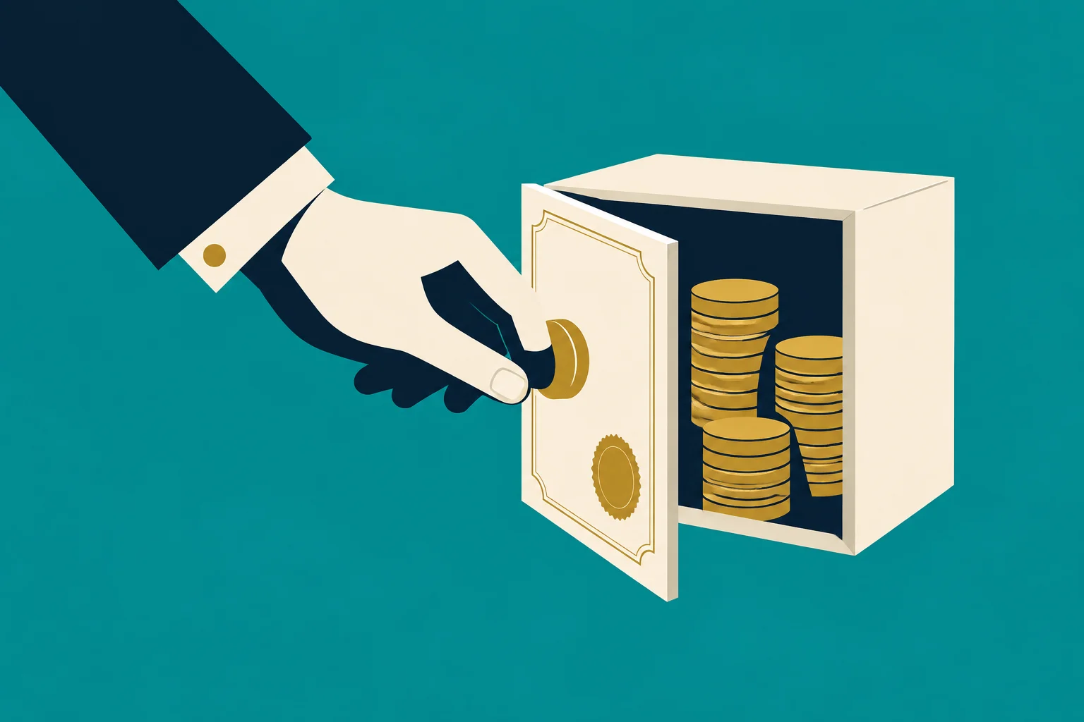 A hand in a dark suit opens a cream-colored safe containing stacks of gold coins against a teal background.