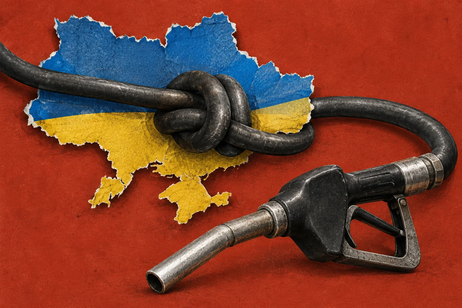 A knotted black fuel hose crosses a blue-and-yellow map of Ukraine, with a gasoline nozzle in the foreground against a textured red background.
