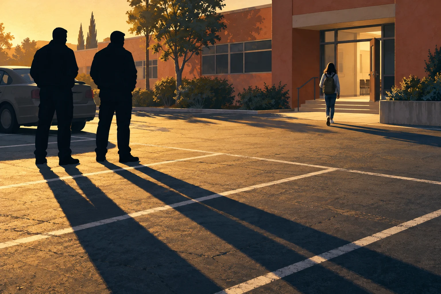 Two silhouetted men stand in a parking lot while a backpack-wearing person walks toward an open building entrance in golden evening light.