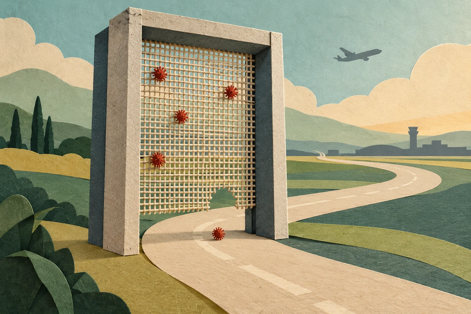 A mesh barrier traps red virus particles beside a winding road toward an airport, while one particle passes through a hole near the bottom.