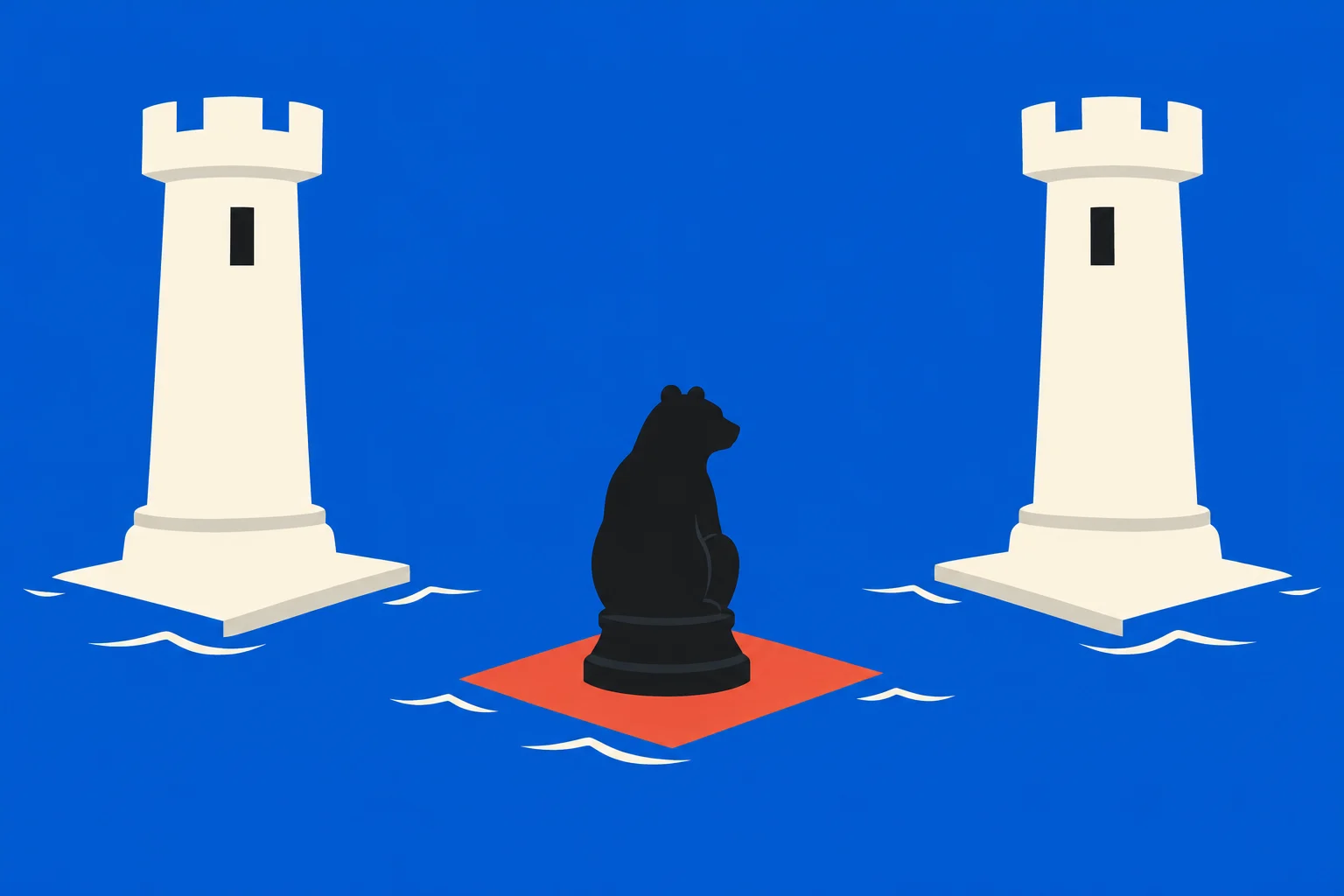 A black bear-shaped chess piece stands on an orange platform between two ivory towers, surrounded by white wave marks against a blue background.
