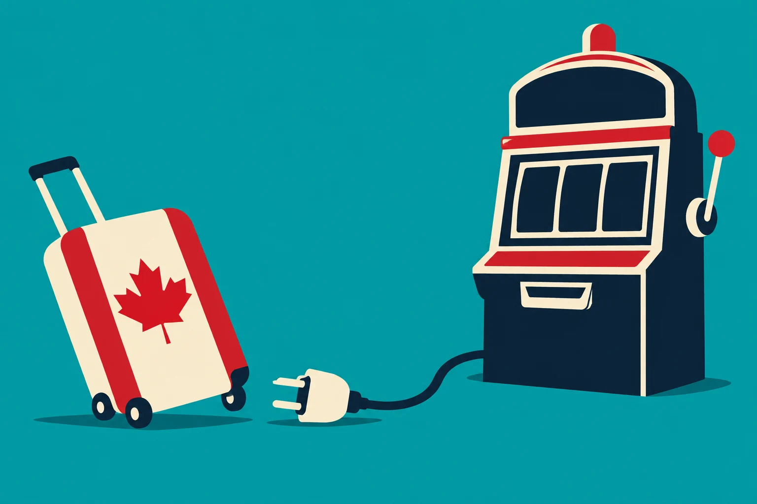 A suitcase decorated with the Canadian flag stands beside an unplugged slot machine on a teal background.