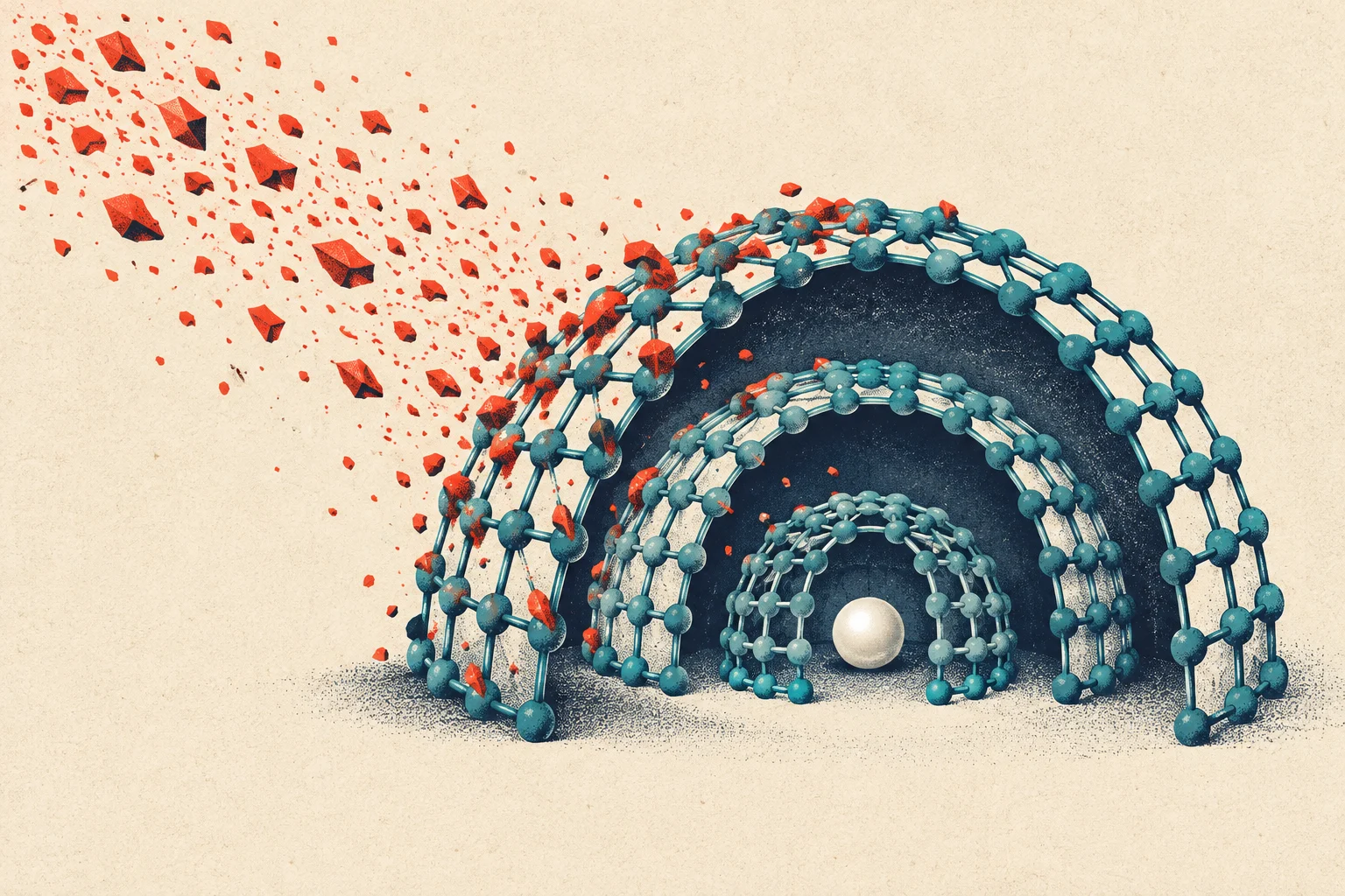 Red fragments strike nested teal molecular lattice domes shielding a white sphere, against a textured cream background.