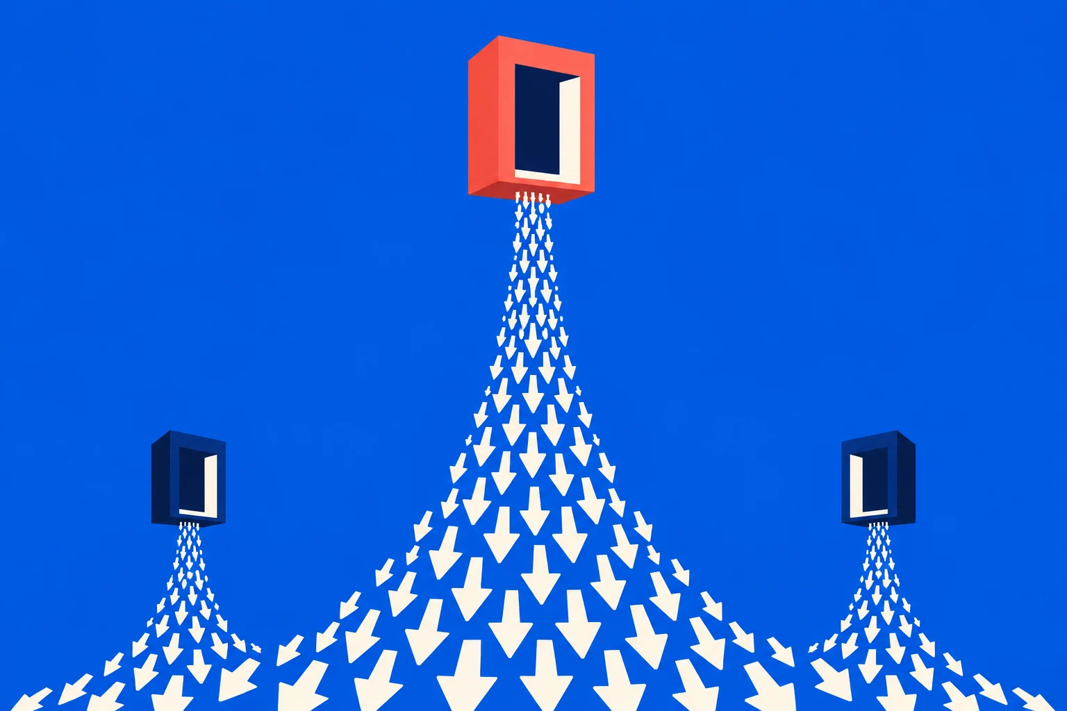 White arrows cascade downward from one large red rectangular portal and two smaller dark blue portals against a bright blue background.