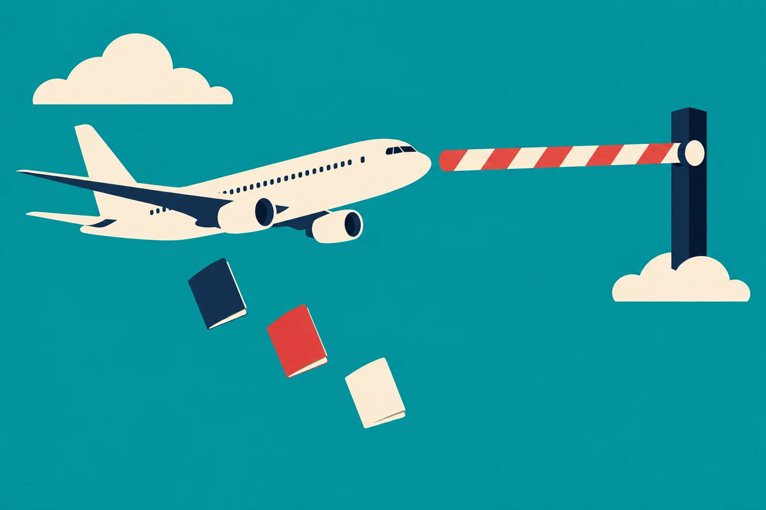 A passenger airplane approaches a red-and-white barrier in a turquoise sky, with clouds and three falling books beneath it.