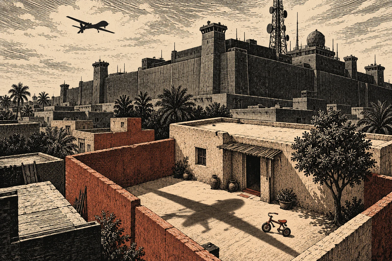 A drone flies above a fortified surveillance complex overlooking desert homes, while its shadow stretches across a courtyard containing a child’s tricycle.