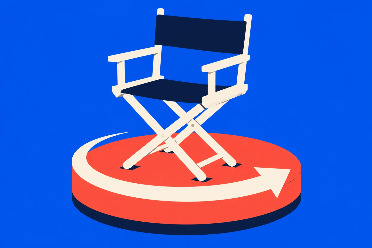 A cream director’s chair with navy fabric stands on a red circular platform wrapped by a cream arrow against a bright blue background.