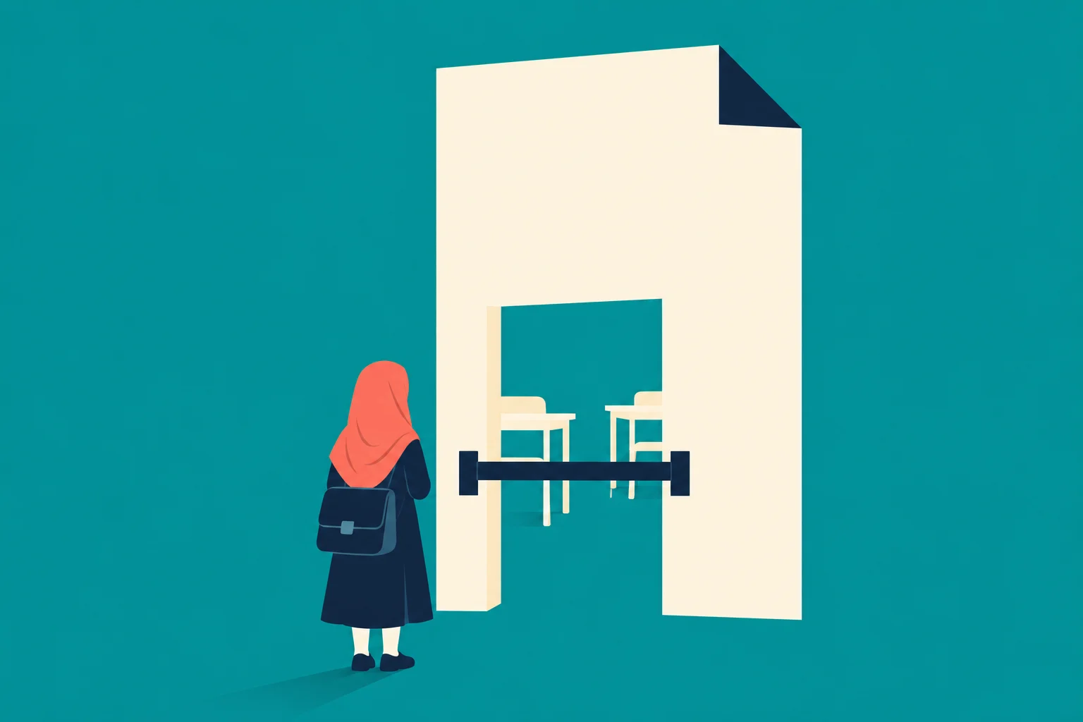 A woman in a red headscarf stands before a giant paper-shaped doorway barred by a dark horizontal beam, with classroom desks visible inside.