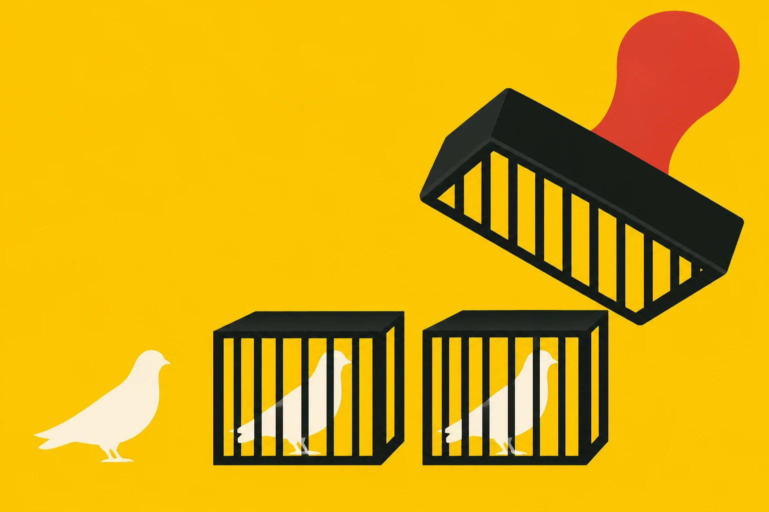 A red-handled stamp with a cage-shaped base hovers above two caged white birds, while a third bird stands free against a yellow background.