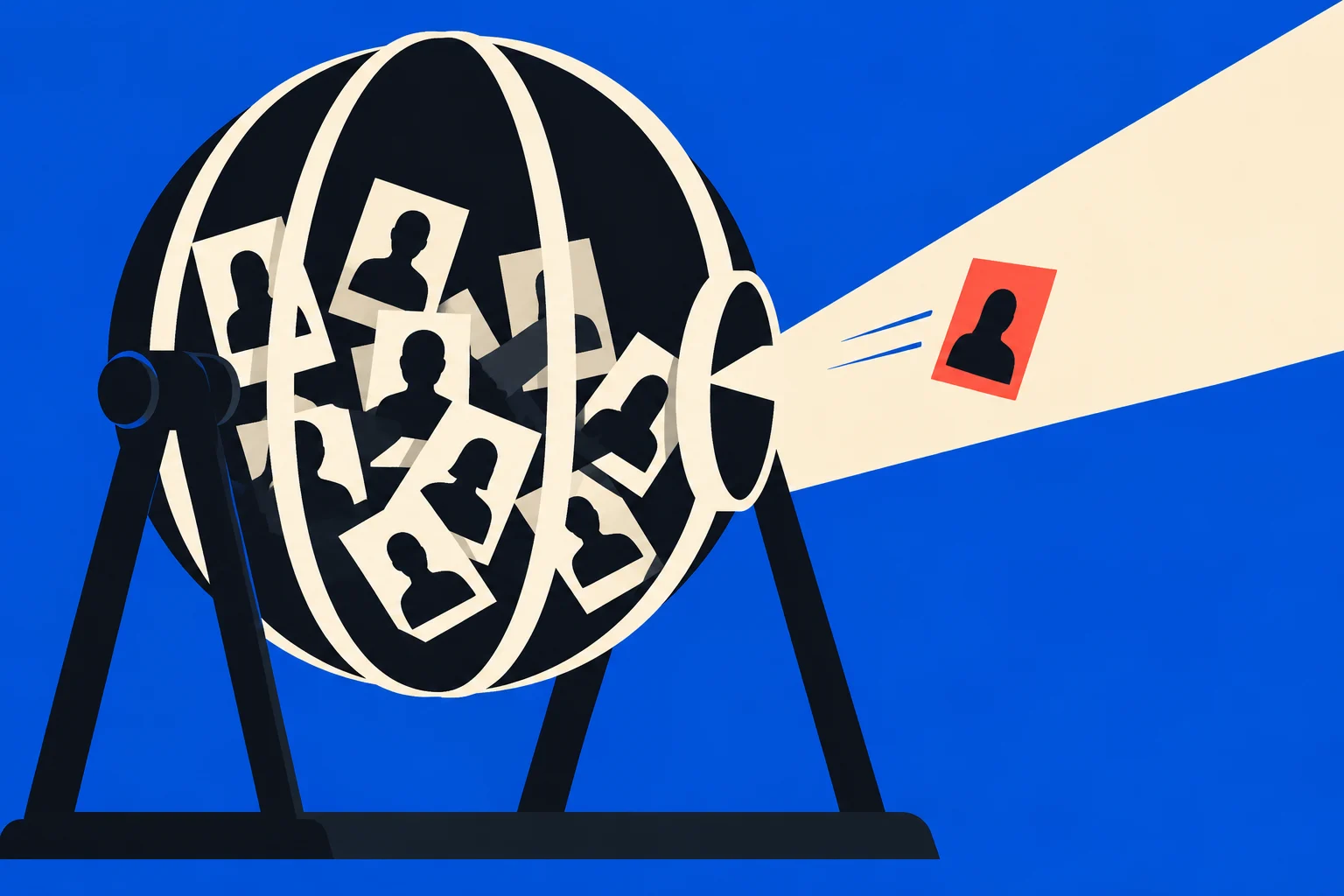 A lottery drum filled with silhouette portrait cards projects a cream beam containing a red portrait card against a blue background.