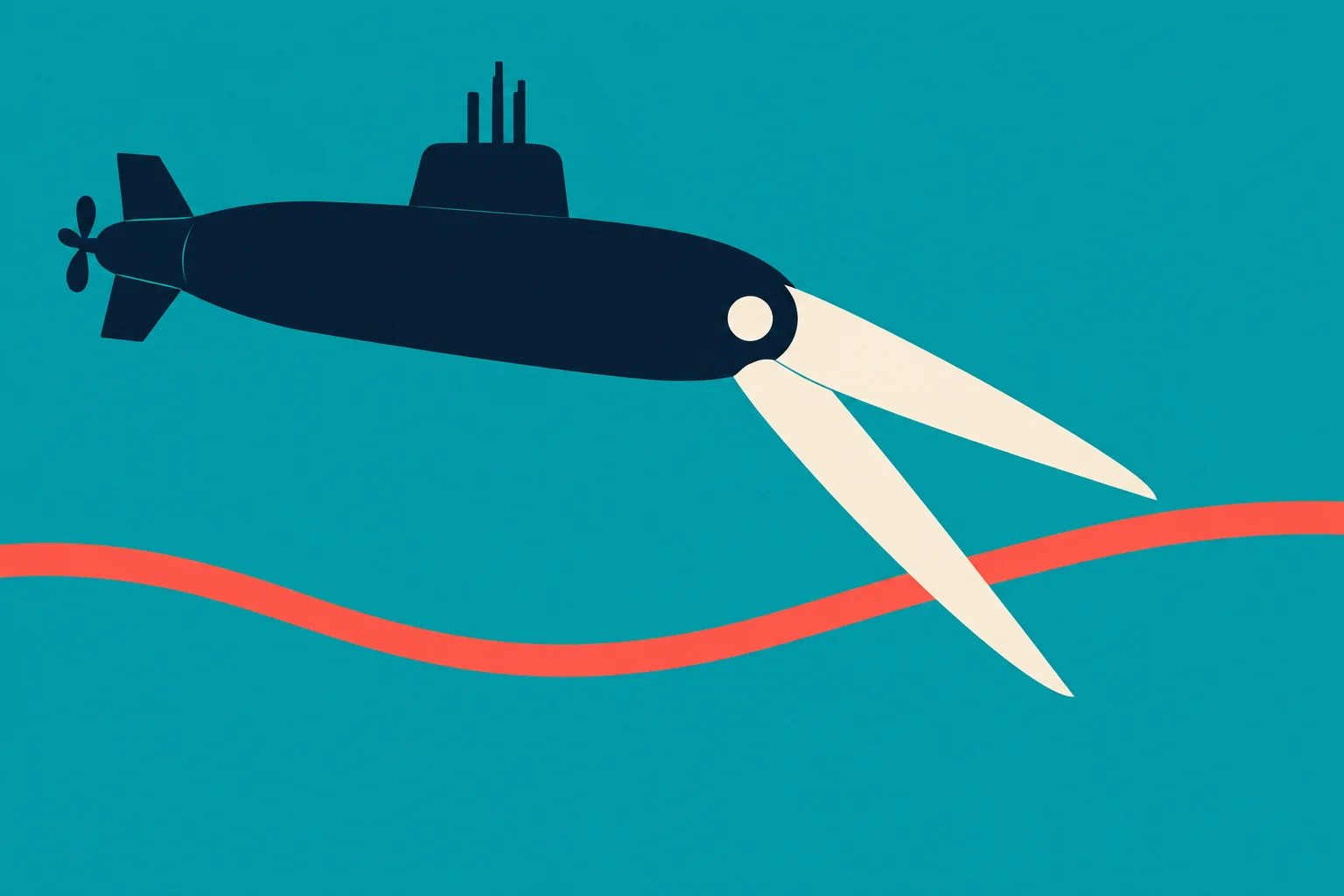 A dark submarine with cream-colored scissor blades at its bow cuts a wavy red cable against a teal background.